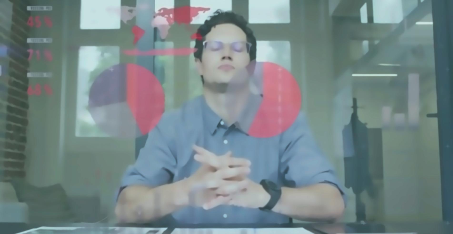 Interactive blockchain development workspace with multiple screens showing code and media applications